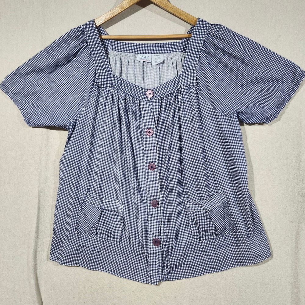 Only Necessities Women 1X Blue Gingham Cotton Square Neck Button Front Top Retro
